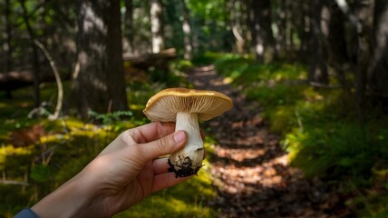 A Hand Holding a Freshly Foraged Mushroom Against the Backdrop of a Lush Forest, Celebrating Nature's Wild Harvest and Culinary Exploration