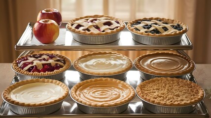 Delicious Selection of Homemade Pies Displayed on a Silver Tray, Featuring Classic Flavors Like Cherry, Blueberry, and Cream, Perfect for Any Gathering or Celebration