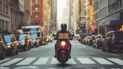 A delivery person on a red scooter riding down a city street.