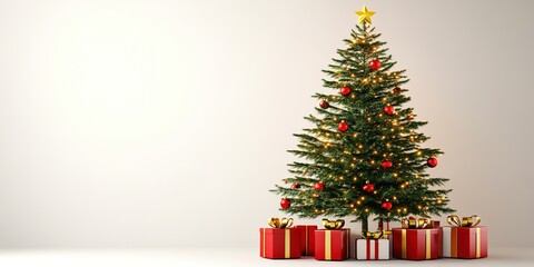 Decorated Christmas tree with gifts on light background