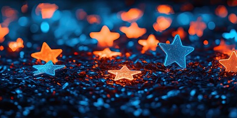 Wall Mural - blue and orange glowing stars. background, banner, poster, wallpaper for creative projects.
