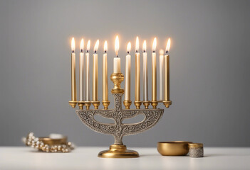 set of traditional golden and silver menorah with candles collection isolated on transparent backgro