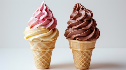 Two ice cream cones, one with strawberry and vanilla soft serve, the other with chocolate soft serve, isolated on a white background.