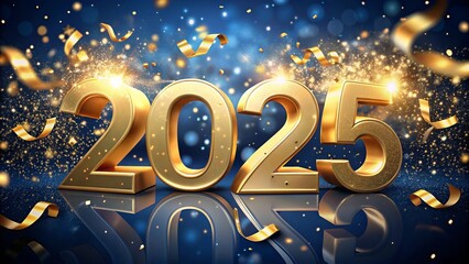 Elegant Happy New Year 2025 design with golden text, dark blue background, and festive gold accents.