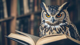 Mądra sowa czyta książkę, z wyraźnym skupieniem i ciekawością. Jej pióra błyszczą w świetle, a otoczenie emanuje spokojem.