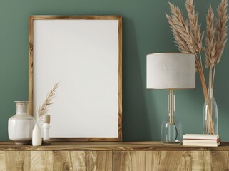 A wooden shelf with a blank canvas frame. a lamp. and vases with dried pampas grass against a green wall