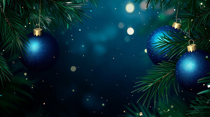 Wall Mural - Elegant Sapphire Blue christmas baubles on a bokeh background, Christmas tree leaves