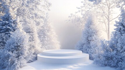 Poster - White round podium displaying products in beautiful misty winter forest