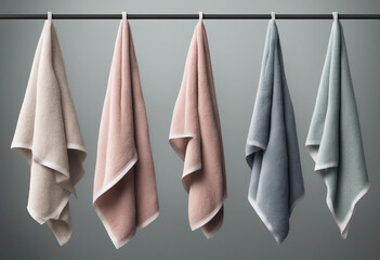 Set of various stylish hanging bath towels in different colours isolated on transparent background