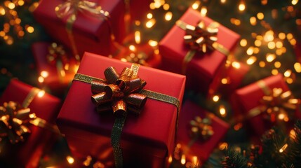 An aerial shot of several red gift boxes stacked on top of each other, each decorated with varying styles