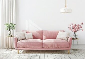 A minimalist living room interior with a pink sofa. two side tables. a white curtain. and a hanging lamp