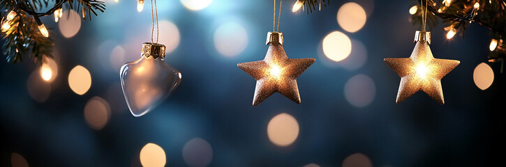 Two golden star ornaments and a clear glass ornament hang from a tree branch against a dark blue background with blurred lights