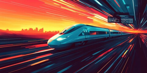 Canvas Print - A speeding train through a city at sunset.