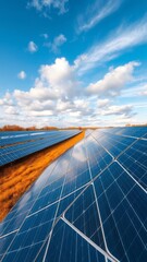 solar panels, desert landscape, blue sky, fluffy clouds, sunlight reflection, renewable energy, vast