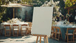 © Екатерина Чумаченко - A blank white welcome sign mockup, size is 24 by 36 inches in portrait orientation, on an easel during a wedding party