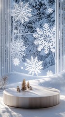 Aufkleber - Christmas podium displaying miniature trees and lanterns in snowy landscape with falling snowflakes