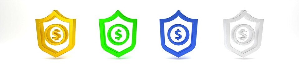 Wall Mural - Colorful Shield with dollar symbol icon isolated on white background. Security shield protection. Money security concept. Minimalism concept. 3D render illustration