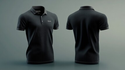 3D black polo T-shirt mockup template with front and back sides displayed on a transparent background, ready for logos.