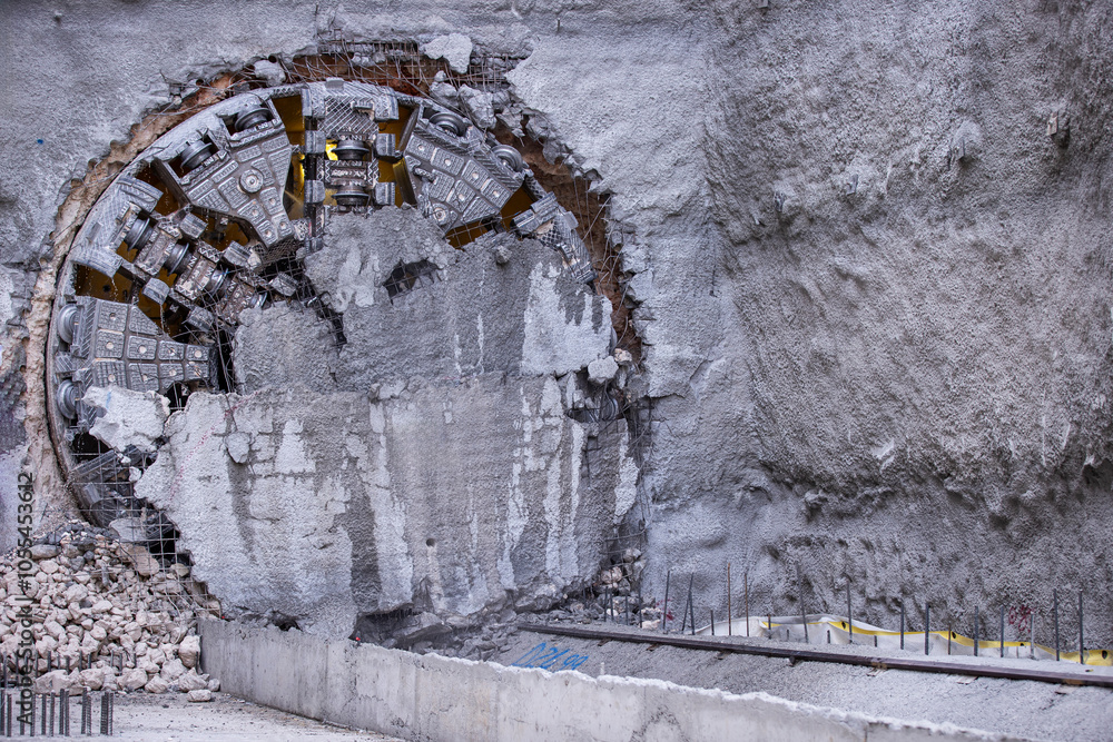 Tunnel boring machine(TBM) head on display at subway construction site ...