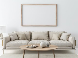 A white living room interior with a beige sofa. a coffee table. and a large. blank picture frame on the wall The room is decorated in a minimalist style