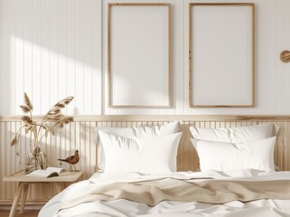 Minimalist bedroom interior design with a wooden headboard. two blank frames. and a nightstand with dried grass and a book