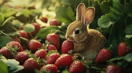 Picture of a cute little brown rabbit sitting and eating strawberries