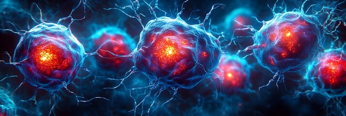 Poster - Abstract microscopic view of luminous plasma cells and dynamic electric sparks in a vibrant,futuristic science and technology backdrop.