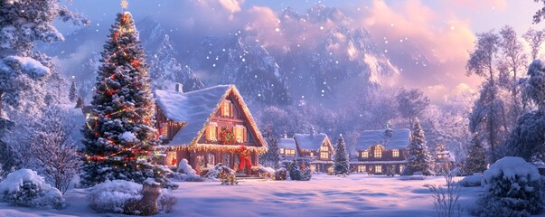 Aufkleber - Christmas tree illuminating snowy village in mountain scenery