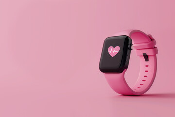 Smart watch with heart rate cardio line and red heart icon. Light pink bracelet. Pink pastel background.