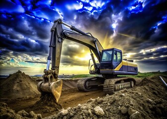 High Dynamic Range Excavator Working in Construction Site with Dramatic Sky and Textured Ground