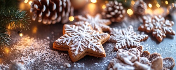 Wall Mural - Christmas star shaped gingerbread cookies with icing sugar decoration and pine cones