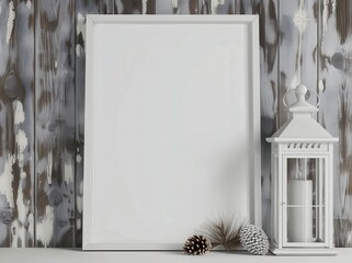 Blank white frame mockup with rustic wooden background. a white lantern. a pine cone. and feathers