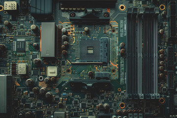 computer motherboard with complex circuits and microchips focused on technology.