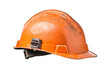 © Umer - An worn orange hard hat resting on a white background highlighting construction safety equipment