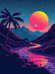 Wall Mural - night landscape with moon