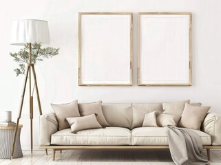 A minimalist living room with a white sofa. two empty picture frames. a floor lamp. and a side table with a book