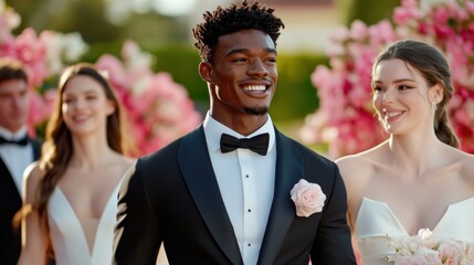 A joyful wedding procession showcases a smiling groom in a tuxedo with a pink boutonniere, two happy bridesmaids in elegant gowns, and a stylish man in a bow tie, all amidst vibrant pink flowers.