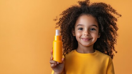 A cheerful child displays a family-friendly hair care product with a vibrant yellow design