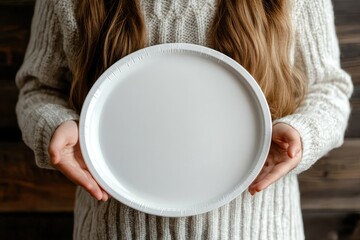 A person with long hair holding a plain white paper plate indoors in a wooden setting