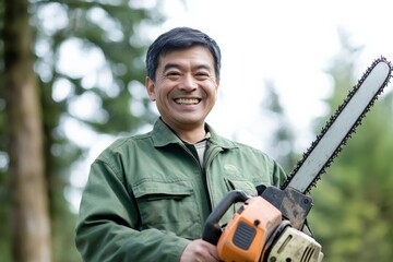 Man smiling, holding chainsaw, wearing green jacket, standing outdoors, surrounded by forest, looking at camera, nature work concept