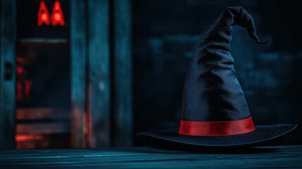 A close-up of a classic black witch's hat with a vibrant red satin ribbon sits on a rustic wooden surface. Dim red lighting enhances the spooky ambiance, perfect for Halloween themes and promotions.