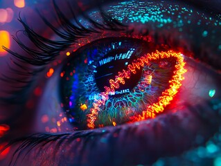 Poster - A close up of a woman's eye with a red and blue iris