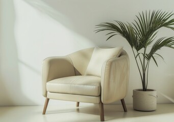 A comfortable cream armchair with a soft pillow sits beside a potted plant in a bright. minimal living room The sunlight streams through the window. casting a warm glow on the room