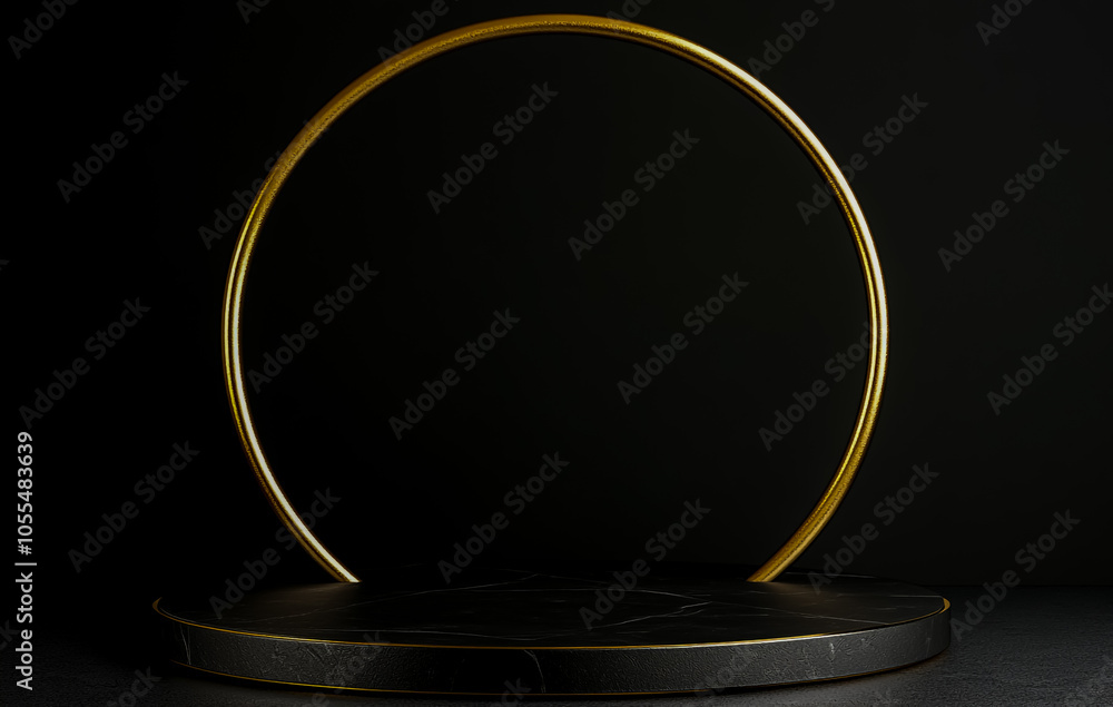 Black and gold podium with a circular frame for product presentation ...