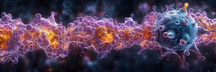 Aufkleber - Detailed microscopic view of the molecular structure and energy release of a coronavirus particle in a futuristic,glowing cellular environment. Medical,scientific.