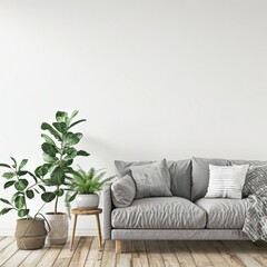 A grey sofa with pillows sits in front of a blank white wall Two potted plants are to the left of the sofa The floor is made of hardwood