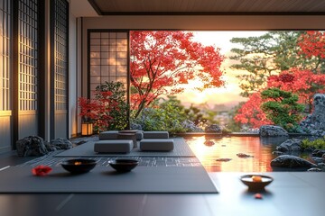 Sticker - Tranquil Japanese Garden Room with Autumnal View and Water Feature