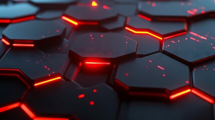 Poster - A close up of a black and red hexagonal surface with red lights