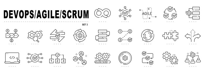 devops, agile, scrum line icons. plan, process, steps etc. editable stroke. set 3