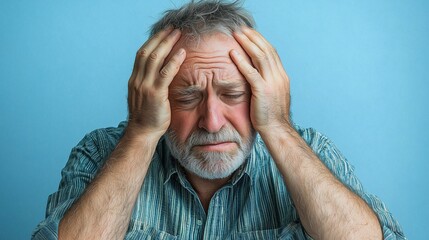 A senior man with hands on his head, expressing worry or fatigue, perfect for illustrating emotional challenges, aging concerns, or health-related issues.